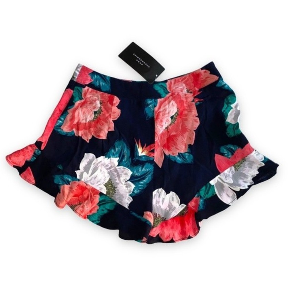 Floral Ruffle Hem Women’s Shorts - Navy with Coral & White Flowers